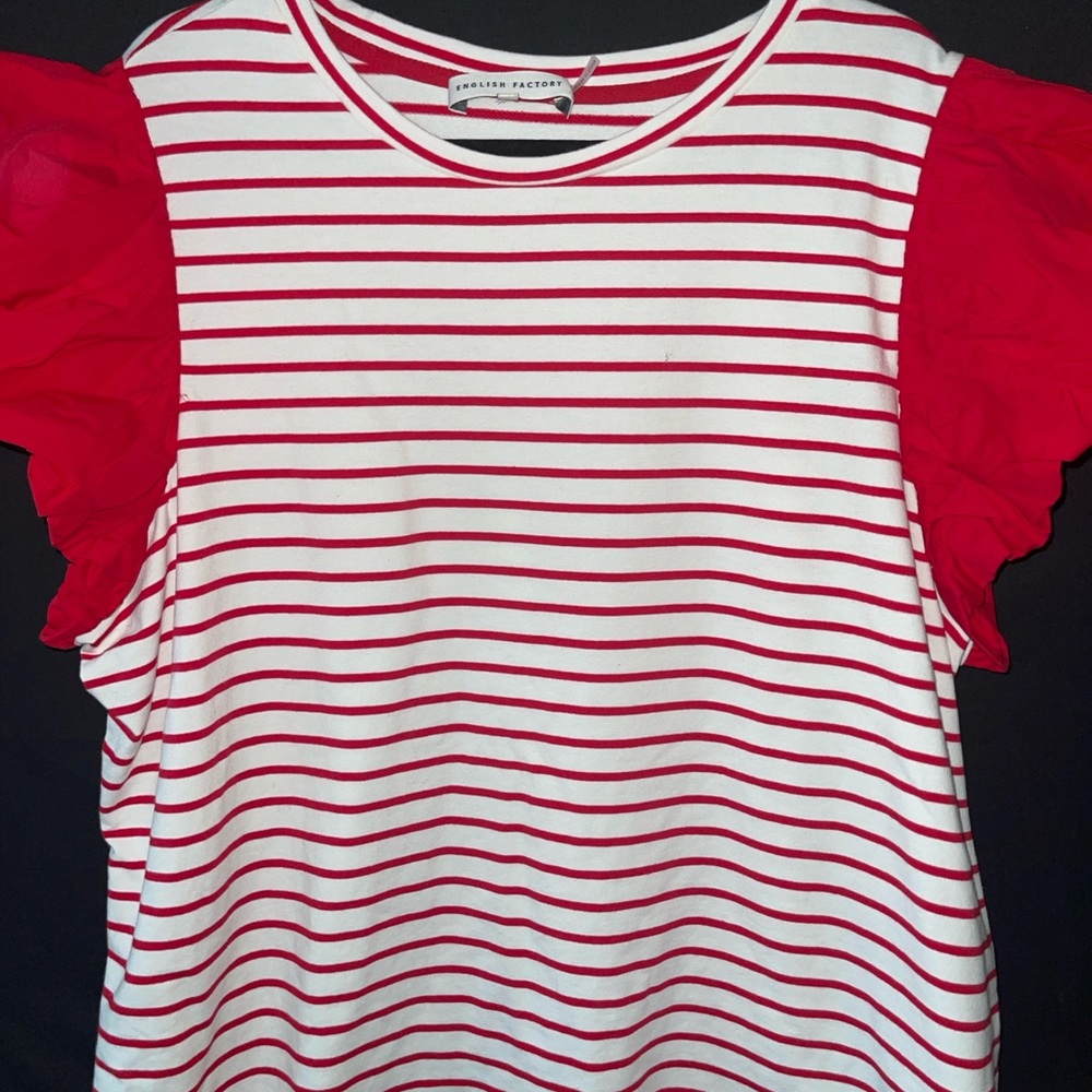 Red and White Striped Top with Ruffle Sleeves